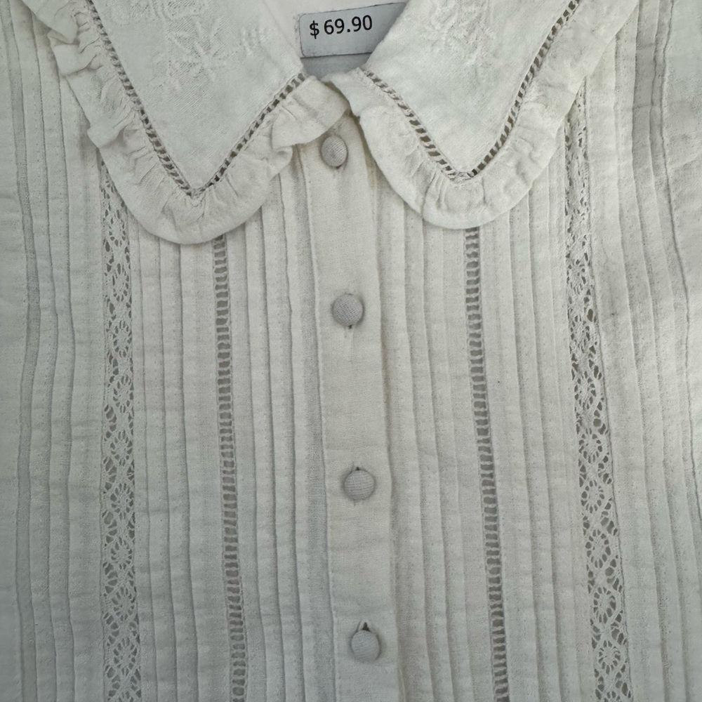 Zara NWT Cotton Linen blend Peter Pan Embroidered Collar Pleated Balletcore Dres - Picture 4 of 8